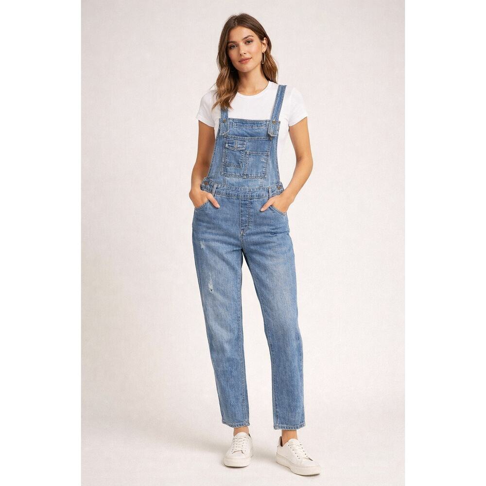 Free People Denim Overalls Size 26 Blue Distressed Slim Straight Bib Jeans